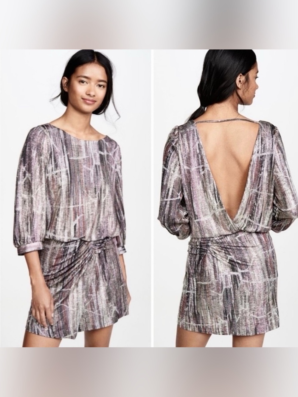 ba&sh Salina Metallic V-Back Dress Open Back Lame Mini Party Shimmer Size 1 US 6
